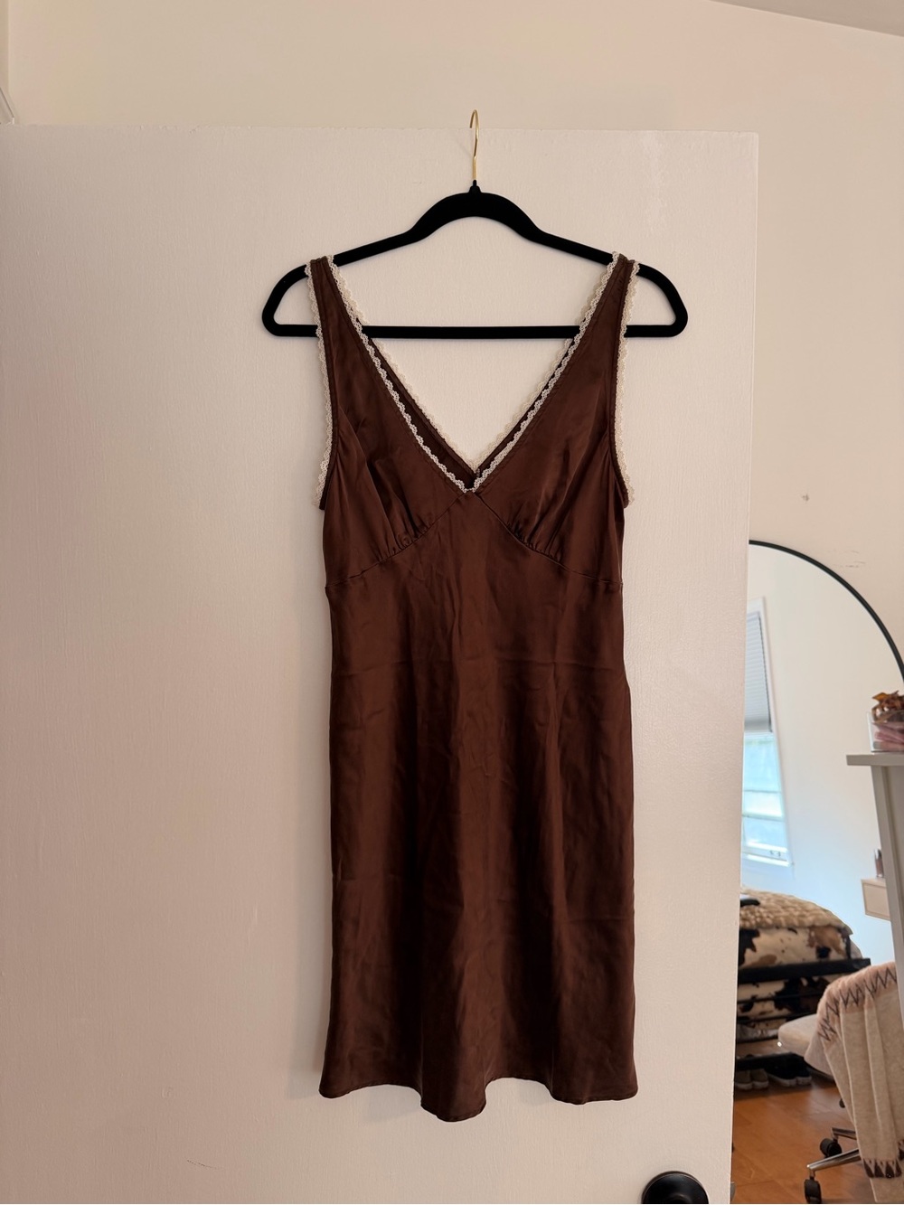 Reformation Keaton Brown Silk Slip Dress with Cream Trim - Picture 4 of 5